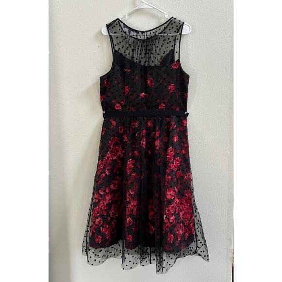 Carmen Marc Valvo Sleeveless Red Rose/Polka Dot Black Tulle Overlay Dress sz 16 - Picture 10 of 14